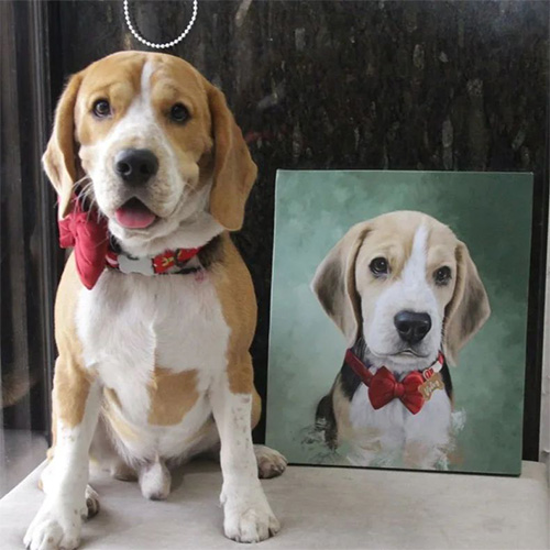 Cute Dog Posing With Pet Portrait Painting In Red Bow Collar